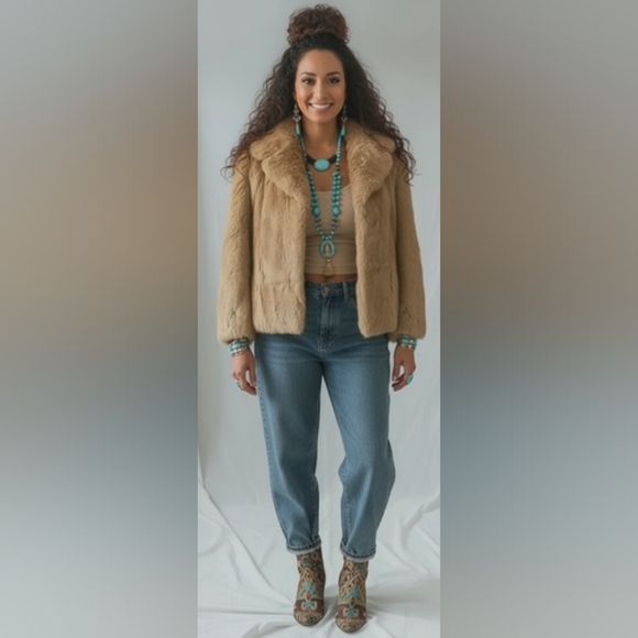 Vintage Jackets & Blazers - Vintage Retro Y2k Tan Rabbit Fur Pockets Lined Jacket Large